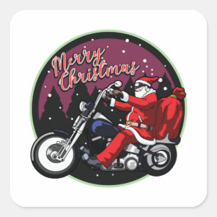 Sticker Carré Joyeux Noël Funny Père Noël Rides Cadeaux Moto