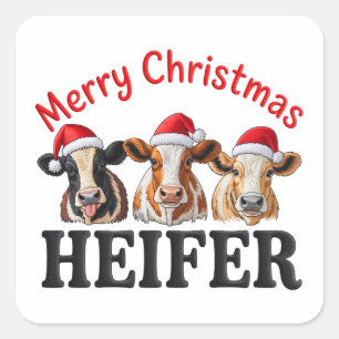 Sticker Carré Joyeux Noël Génisse Vache Drôle Noël Vacances