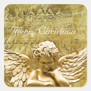 Sticker Carré Joyeux Noël Golden Angel Notes musicales