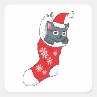 Sticker Carré Joyeux Noël Gris Kitten Chat Rouge Stocker Gris