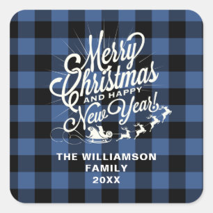 Sticker Carré Joyeux Noël Joyeux Nouvel An Classique Bleu Chèque