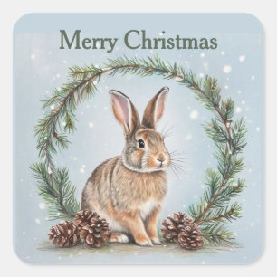 Sticker Carré Joyeux Noël Lapin et Pin