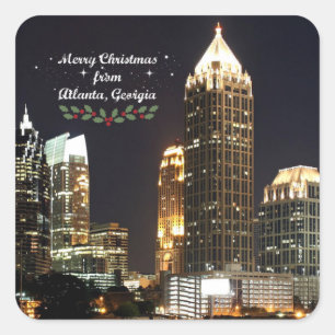 Sticker Carré "Joyeux Noël," ligne d'horizon d'Atlanta, Géorgie