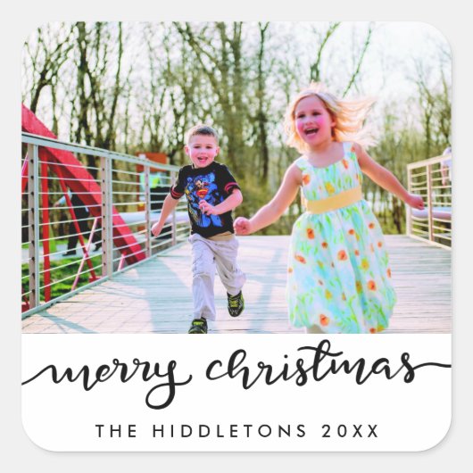 Sticker Carré Joyeux Noël manuscrit moderne photo Script (Devant)