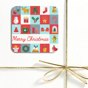 Sticker Carré Joyeux Noël mignon Rétro hiver Icônes de Noël