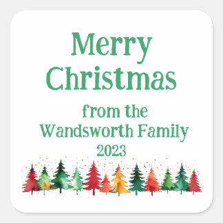 Sticker Carré Joyeux Noël moderne Aquarelles colorées Arbres