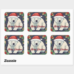 Sticker Carré Joyeux Noël Ours polaire blanc