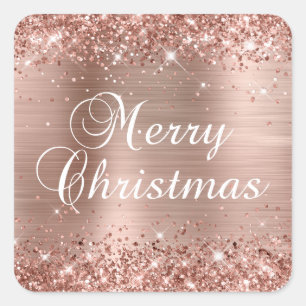 Sticker Carré Joyeux Noël pailleté or rose métallisé