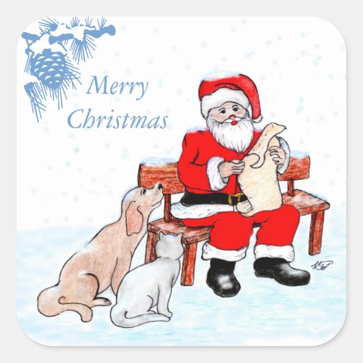 Sticker Carré Joyeux Noël - Père Noël avec chat et chien (Devant)