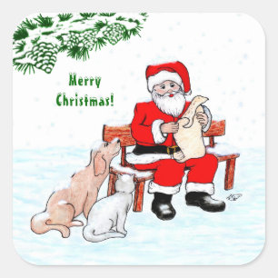 Sticker Carré Joyeux Noël! Père Noël avec chat et chien