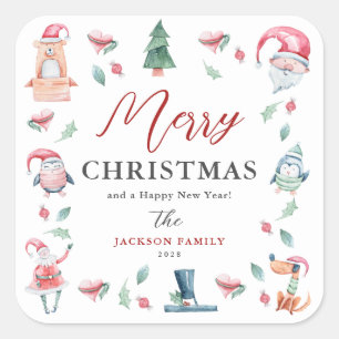 Sticker Carré Joyeux Noël personnalisé à l'aquarelle mignonne