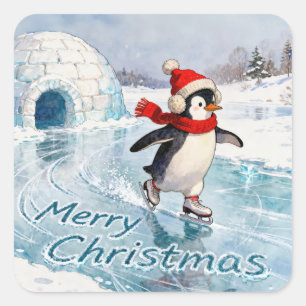 Sticker Carré Joyeux Noël Pingouin Patinage sur Glace
