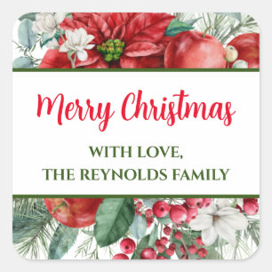 Sticker Carré Joyeux Noël Poinsettia Fleur Faveur