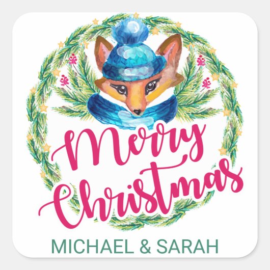 Sticker Carré Joyeux Noël | Renard d'hiver (Devant)