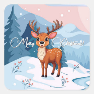 Sticker Carré Joyeux Noël Renne de dessin animé mignon en hiver
