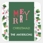 Sticker Carré Joyeux Noël Rouge Et Vert Aquarelle Wreath (Devant)