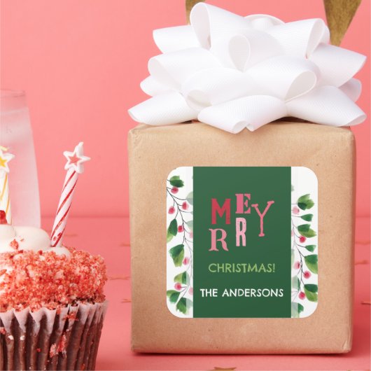 Sticker Carré Joyeux Noël Rouge Et Vert Aquarelle Wreath (Fête)