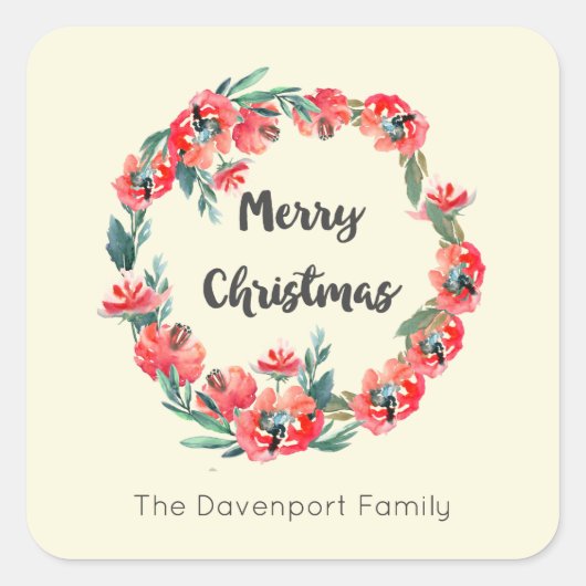 Sticker Carré Joyeux Noël Rouge Floral Vacances Wreath Custom (Devant)