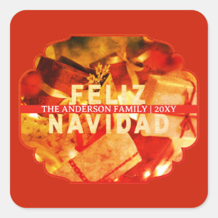 Sticker Carré Joyeux Noël Rouge Or Feliz Navidad Moderne