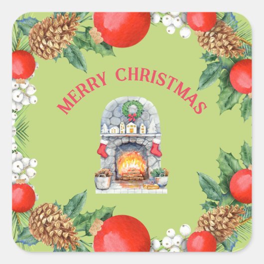 Sticker Carré Joyeux Noël Rouge Vert cheminée Wreath (Devant)