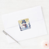 Sticker Carré Joyeux Noël Snowman de la forêt d'hiver | Or (Enveloppe)