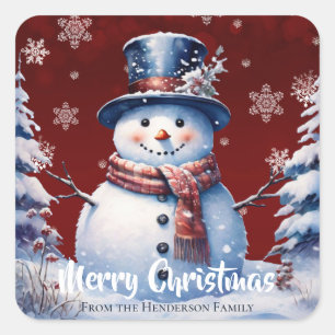 Sticker Carré Joyeux Noël Snowman de la forêt d'hiver Red