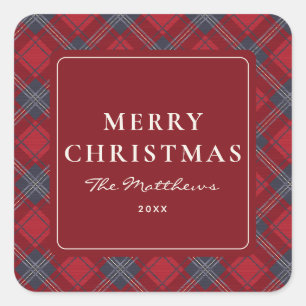 Sticker Carré Joyeux Noël Tartan Rouge Élégant Classique