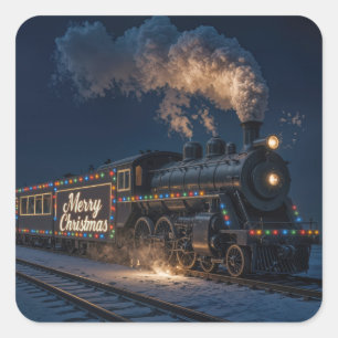 Sticker Carré Joyeux Noël Train Vintage Dans La Neige