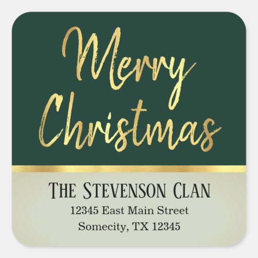 Sticker Carré Joyeux Noël | Vert et Or moderne | Adresse (Devant)