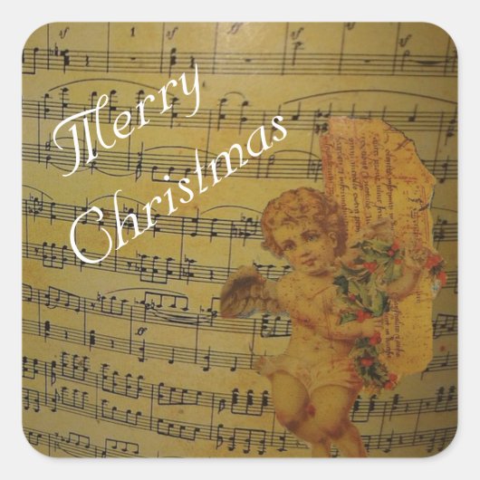 Sticker Carré Joyeux Noël Vintage Angle et Partition (Devant)