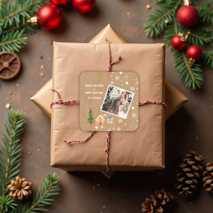 Sticker Carré Joyeux Noël Vintage Photo de famille Brown