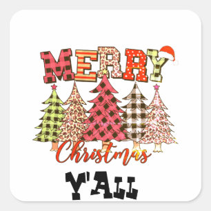 Sticker Carré joyeux noël y'all avec des arbres de noël plaid T