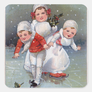Sticker Carré Joyeux NoëlPetits enfants Patinage sur glace