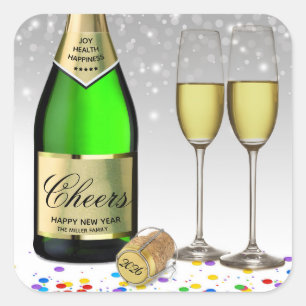 Sticker Carré Joyeux Nouvel An 2022 Bouteille De Vin Étincelante