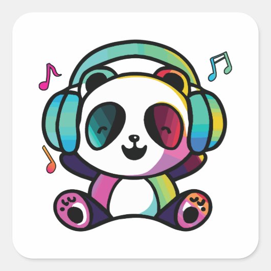 Sticker Carré Joyeux Panda avec écouteurs écoutant de la musique (Devant)
