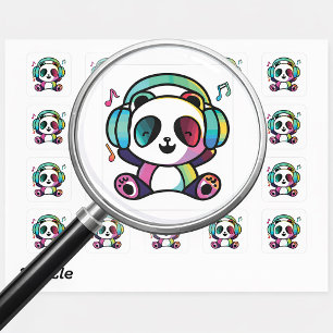 Sticker Carré Joyeux Panda avec écouteurs écoutant de la musique