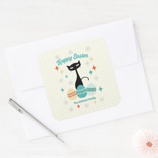 Sticker Carré Joyeux Pâques, Époque Atomique, Chat Moderne Du Mi (Enveloppe)