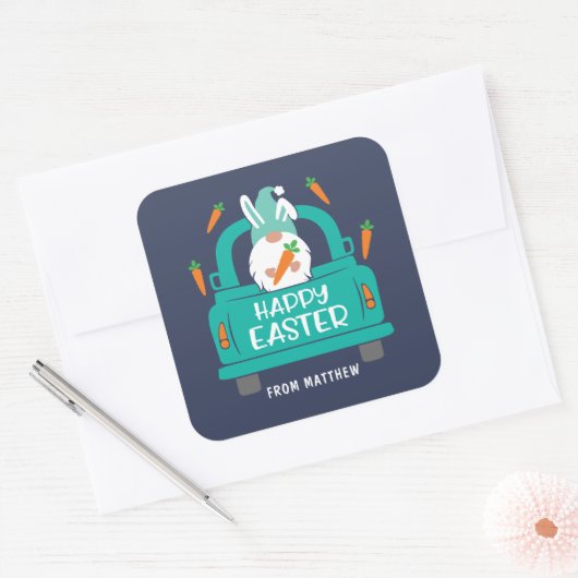 Sticker Carré Joyeux Pâques mignonne moderne Gnome Nom du camion (Enveloppe)