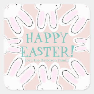 Sticker Carré Joyeux Pâques rose pâle texte personnalisé lapins
