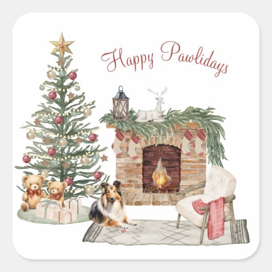 Sticker Carré Joyeux Pawlidays Conception Chien - Sheltie (Devant)