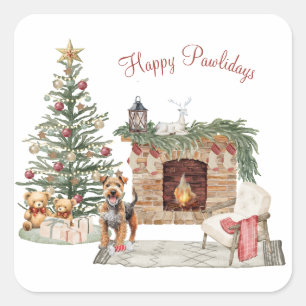 Sticker Carré Joyeux Pawlidays Design Airedale