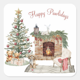 Sticker Carré Joyeux Pawlidays Design de Chien - Cavapoo