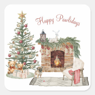 Sticker Carré Joyeux Pawlidays Design de Chien - Pug
