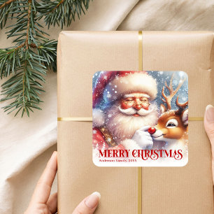 Sticker Carré Joyeux Père Noël Personnalisé Rudolph Fête de Noël