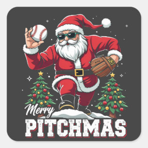 Sticker Carré Joyeux Pitchmas Noël Amateur de baseball Père Noël