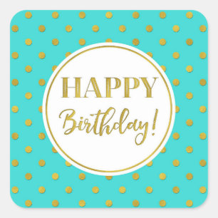 Sticker Carré Joyeux Points d'or blanc turquoise d'anniversaire