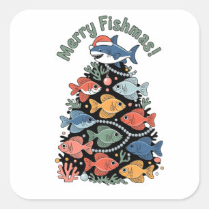Sticker Carré Joyeux Poisson Noël Arbre Poisson Drôle Pêche