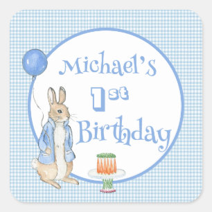 Sticker Carré Joyeux Premier Anniversaire Lapin Mignon Bleu
