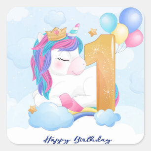 Sticker Carré Joyeux premier anniversaire Unicorn