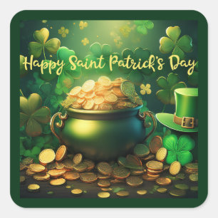 Sticker Carré Joyeux Saint Patrick's Day Pot of Gold Coins